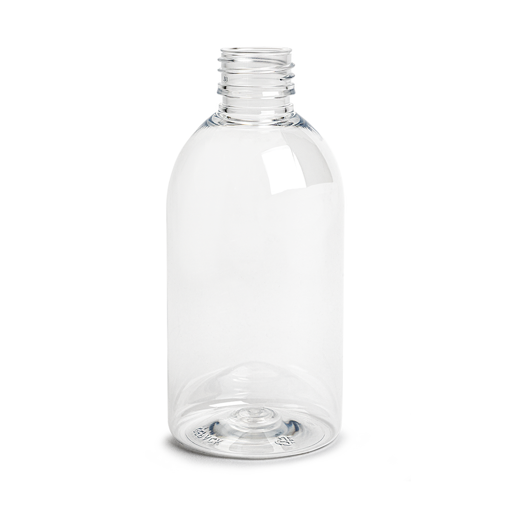 closure recycled pet syrup bottle 250 ml pp 28 30% rpet crystal